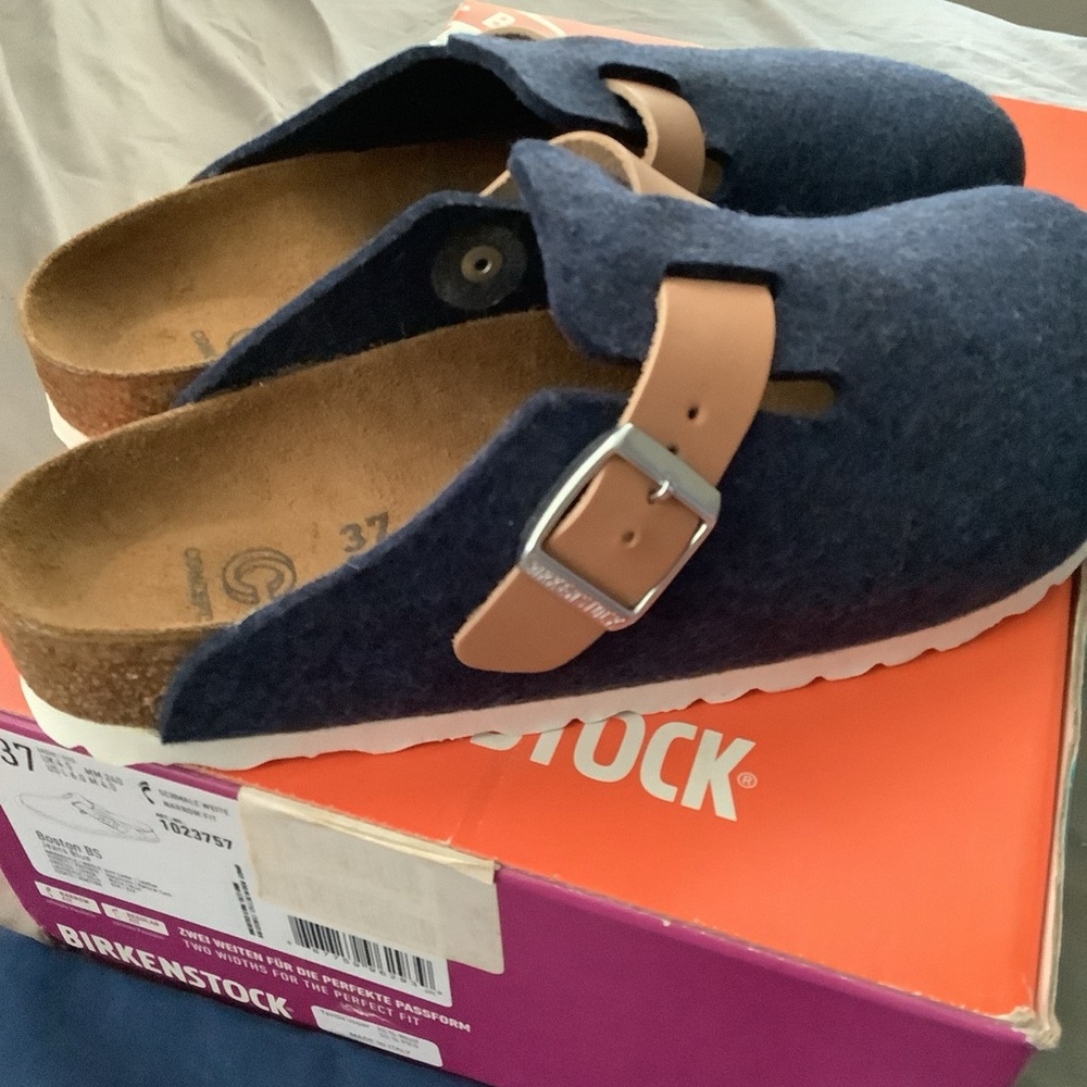 Birkenstock Navy and Tan Slip-Ons